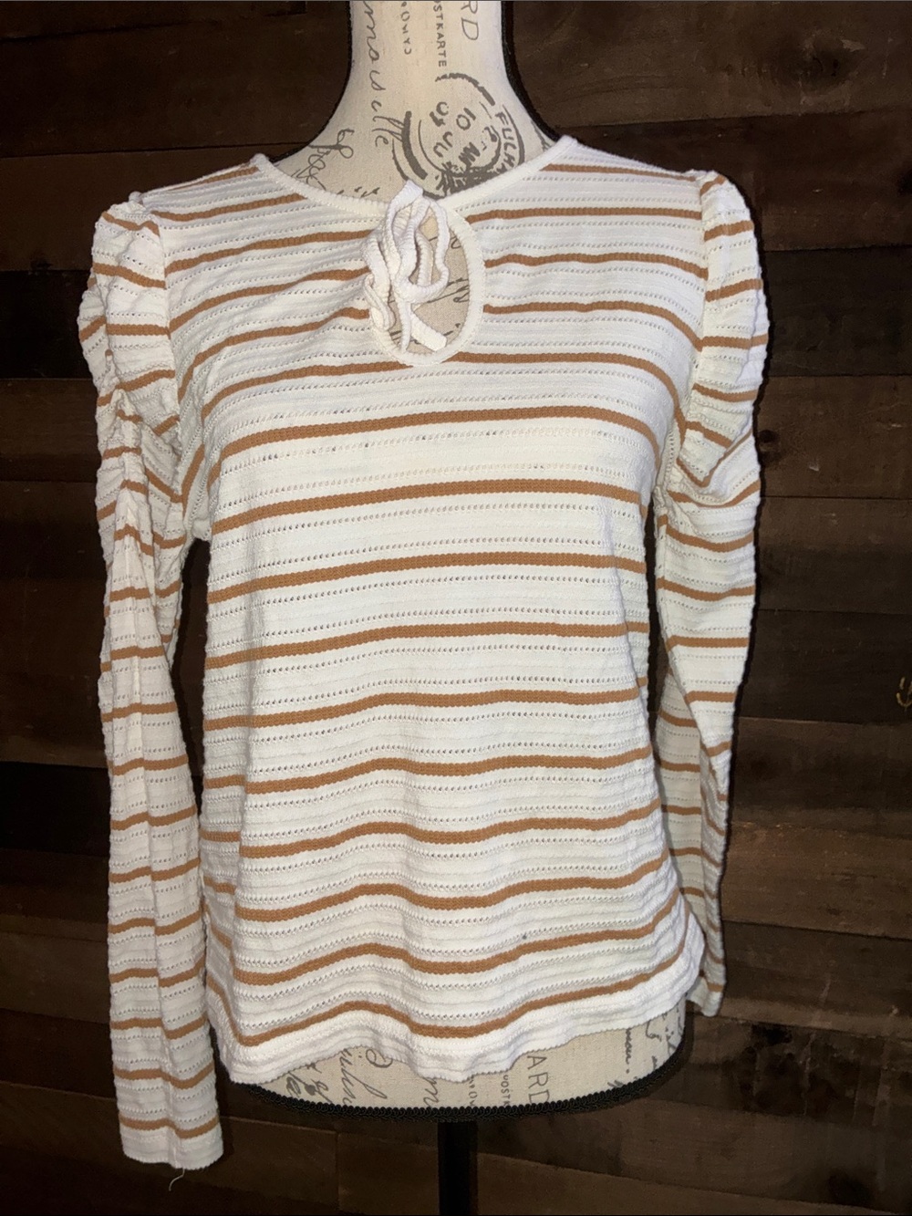 LOFT White and Tan Striped Tie-Neck Long Sleeve Top
